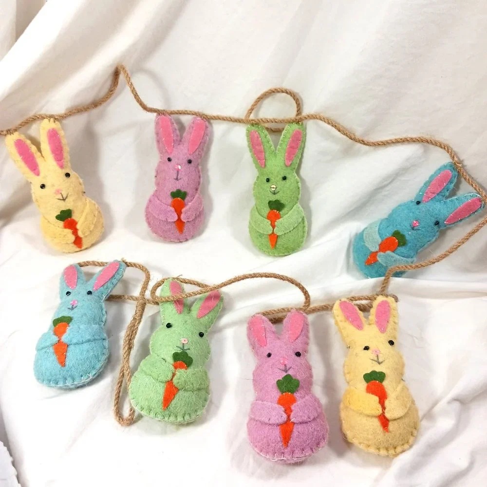 Cottontail Lane Wool Felt Twine Easter Garland Bunny Rabbits Stuffed Pastel 6ft